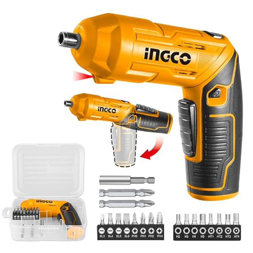Ingco 4V Electric Cordless Screwdriver, Rechargeable Power Drill Driver Set, 4 N.m Max Torque, 240RPM, With Tool Box