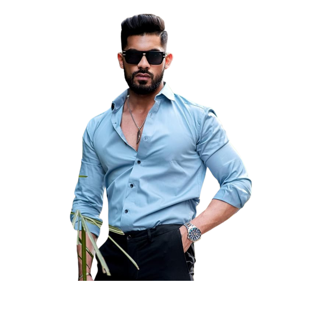 IndoPrimo Men's Satin Shirt with Spread Collar Neck Line Solid Pattern Full Sleeves Regular Fit Western Style and Standard Length