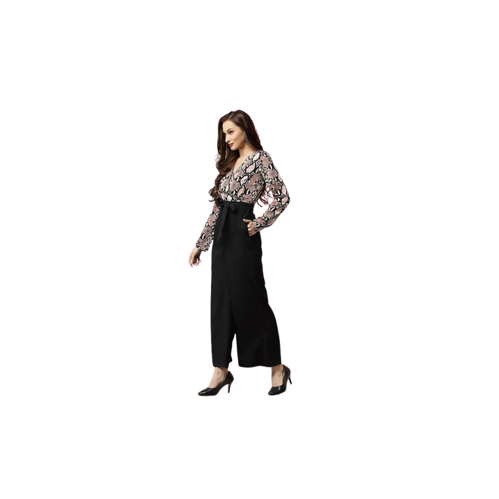 okGlobus Women Abstract Print Round Neck with V Cut Kimono Sleeves Waist Tie-Up Longline Jumpsuit