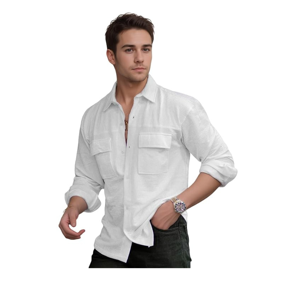 IndoPrimo Men's Regular Fit Fancy Double Pocket Casual Shirt for Men Full Sleeves - Cargo